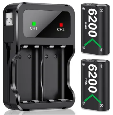 Productafbeelding van HELLCOOL accu's voor Xbox One/Series X&S controllers, 2 stuks. Hoge capaciteit 6200mWh NI-MH batterijen, compatibel met Xbox Series X&S/Xbox One S/X/Elite controllers