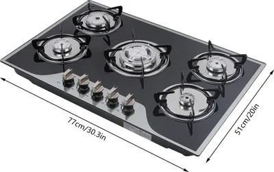Obrázok produktu pre Plynová varná doska - Vstavaná 76 cm - 5 horákov (3,2/2,75/1,75/1,75/1 kW) - Prestaviteľná na LPG/zemný plyn - Automatické batériové zapaľovanie - Čierne sklo 7 mm