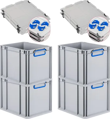 Produktbild von SuperSparSet 4x Eurobox NextGen Color mit Auflagedeckel und Schiebeschnappverschlüsse | HxBxT 32x30x40cm | 30 Liter | Griffe blau geschlossen | Glatter Boden | Eurobehälter, Transportbox, Transportbehälter, Stapelbehälter