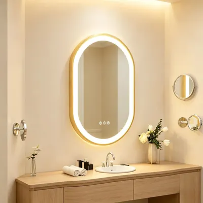 Image de Miroir de salle de bain à LED - Miroir mural ovale avec éclairage - 50 x 80 cm - intensité réglable - anti-buée - Smart-Touch - cadre doré