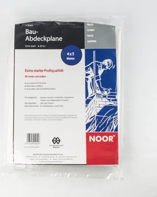 The image shows the packaging of a construction tarpaulin.