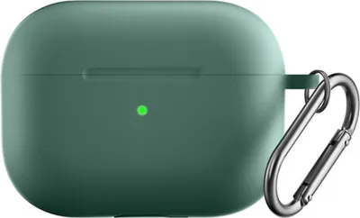 A green silicone case for Apple AirPods Pro 2 with a silver carabiner attached.
