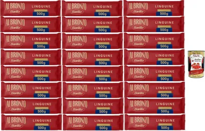 Produktbild von Barilla Al Bronzo Linguine – 24 x 500 g (12 kg) | Extra raue Oberfläche, Hartweizengrieß, Premium-Langpasta Vorratspack, al dente ca. 11 Min. + Italian Gourmet polpa