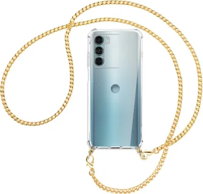 Produktbild von Handykette Backcover-Schutzhülle mit Band (Metall goldfarben) für Motorola Moto G200 5G - goldfarbene Kette