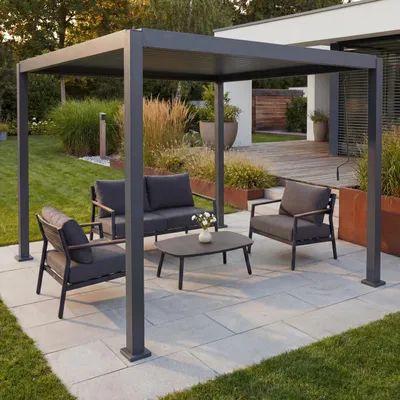 Produktbild von Pergola MCW-P65, Terrassenüberdachung Gartenpavillon Lamellen-Pavillon, 10cm-Aluminium-Gestell 3x3m  anthrazit