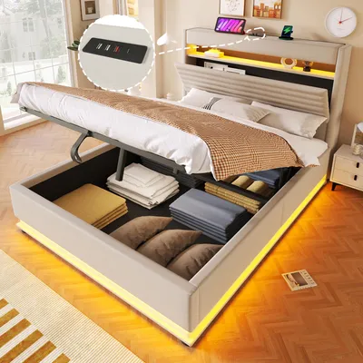 Produktbild von Polsterbett mit USB Typ-C Ladefunktion, LED-Beleuchtung, Hydraulische Lagerung, Flip-Top-Aufbewahrungsfach, Ohne Matratze, Drucktaste/Appdienung, Leinen, 140x200cm, Beige
