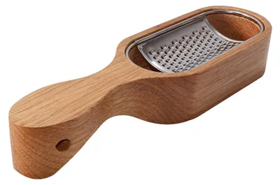 Küchenreibe aus Holz mit Edelstahlklingen und Auffangbehälter