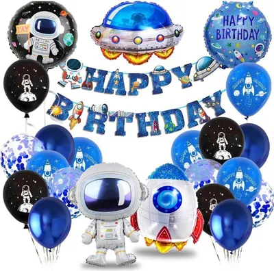 Produktbild von Weltraum Geburtstag Deko Set mit Astronaut, Raketen & Luftballons