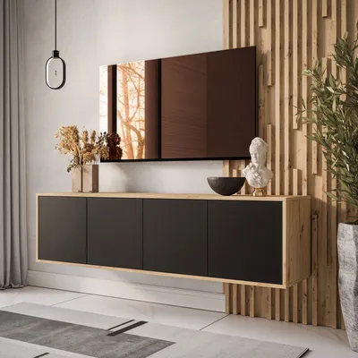 A modern living room with a wall-mounted TV cabinet.