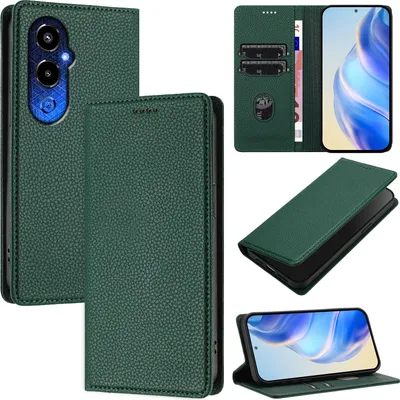 Produktbild von Litchi Leder Handyhülle für Tecno Pova 4 Pro Wallet Kartenfächer Standfunktion Hülle Grün