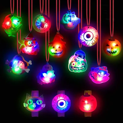 Produktbild von Halloween-Lichterkette – 24 Stück LED-Halsketten, Halloween-Party-Mitbringsel, leuchtende blinkende Dekoration, Süßigkeiten-Füller für Geschenktüten, für Frauen, Männer, Familienpackung (zufälliges Design)