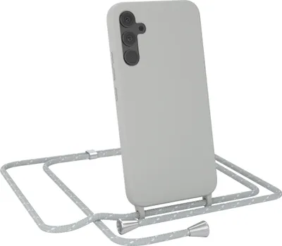 Produktbild von EAZY CASE Handykette kompatibel mit Samsung Galaxy A34 Handyhülle zum Umhängen, Silikon Hülle mit Band, Schutzhülle mit Ersatzkordel, Stylische Kette für Smartphone, Hell Grau / Weiß