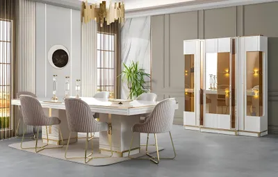 Productafbeelding van Exclusieve eethoekset bestaande uit een eettafel, 4 stoelen en een designvitrine