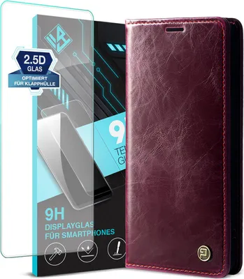 Produktbild von Handyhülle für Samsung Galaxy A55 5G mit 9H Displayglas Kunstleder Klapphülle Vintage Cover Hülle RFID Schutz Case Kartenfach Farbe: Weinrot