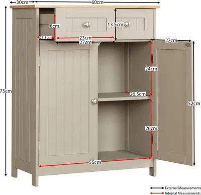 Produktbild von Grau gestalteter Badezimmerschrank mit zwei Schubladen und zwei Türen
