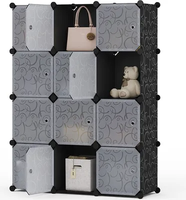 Produktbild von Mondeer Kleiderschrank Garderobenschrank Steckregal mit Tür 12 Fächer  94x125x32cm Schwarz