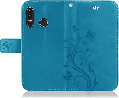 A blue flip cover for a Huawei P30 Lite phone, decorated with a floral and butterfly pattern.