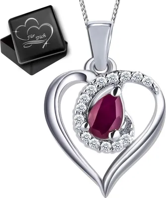 Produktbild von Damen Hals-Kette mit Anhänger  ECHTER Rubin 925 Sterling Silber Zirkonia echter Edelstein Herzkette rot Frauen  K914+V12 50cm