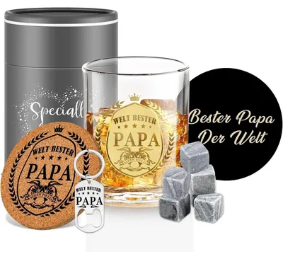 Productafbeelding van Whiskyglazen set voor papa, gepersonaliseerd, 330 ml, 2-delig met onderzetters en sleutelhanger