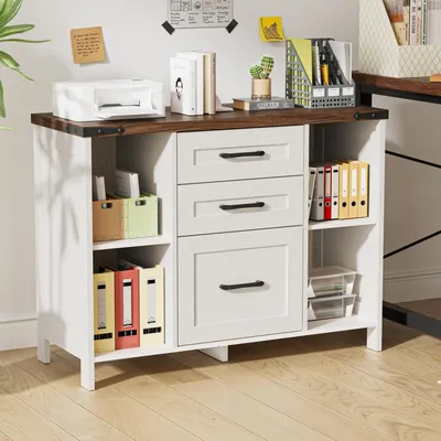 Image de Armoire de rangement avec 3 tiroirs et 4 étagères ouvertes, de couleur blanche, dimensions : 88 x 35 x 66 cm
