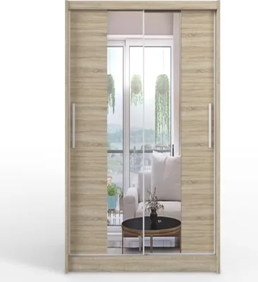 Produktbild von Easy4You L2 Sonoma Schiebetüren Kleiderschrank 120 cm mit Spiegel - Schlafzimmermöbel, Aufbewahrung - Mehrzweckschrank - Farbe: Sonoma