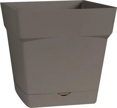 Produktbild von Quadratischer Kunststofftopf Toscane mit integriertem Untersetzer, Taupe, 24,8 x 24,8 x 24 cm