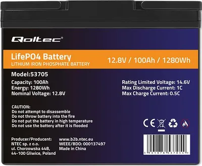 Produktbild von Qoltec 53705, 100 Ah, 12,8 V, 100 A, Auto, Wartungsfrei, Blau