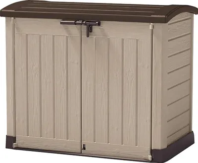 A storage cabinet with double doors and a latch.