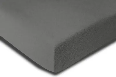 A close-up, angled view of a gray fleece fitted sheet.