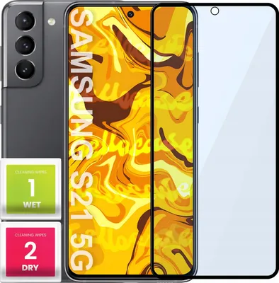 A Samsung Galaxy S21 5G phone with a screen protector and cleaning wipes.