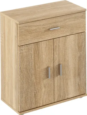 A light brown wooden cabinet with a drawer and two doors.