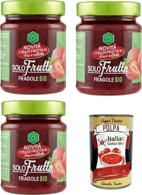 Produktbild von Apicoltura Casentinese marmellata Solo Frutta Fragole Nur Erdbeer-Fruchtmarmelade 3x295 g+ Italian Gourmet Polpa di Pomodoro 400g