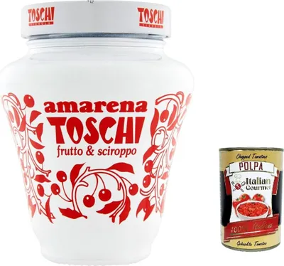 Produktbild von 6x Toschi Amarenakersen Mug (Amarena Cherries),  aus Italien, authentisches italienisches Kirschen 250g + Italian Gourmet polpa 400g