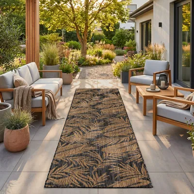Immagine prodotto di Homebyhome Tappeto Outdoor Nero Effetto Juta 80x250 cm Balcone Terrazza Giardino Resistente UV Passatoia Motivo Palma Tessuto piatto