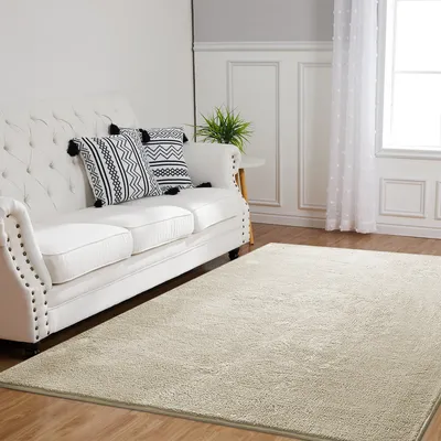 Produktbild von 2x Hochflor Teppich Wohnzimmer Fellteppich Anti-Rutsch Unterseite Waschbarer Teppich 160x200cm Beige