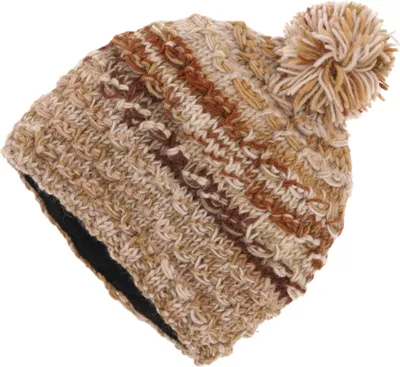 Produktbild von Handgestrickte Wollmütze, Gestreifte Wintermütze, Bommelmütze - Braun, Uni, Creme-weiß, Wolle, Hüte, Mützen