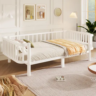 Produktbild von Merax Metall Tagesbett 90x200 cm mit Stahl Lattenrost, Daybett mit Leitplanke, Schlafsofa Bettgestell, Gästebett Jugendbett, Kinderbett, Weiß