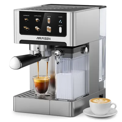 Productafbeelding van AIRMSEN espressomachine, 20 bar, met melksysteem, koffiemachine met touchscreen, warm- en koudextractie, bediening met één druk op de knop, automatische reiniging