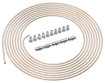 Image de AUPROTEC, câble de frein de 5 mètres, diamètre 4,75 mm, en kunifér, avec homologation ABE, en kit comprenant : 10 raccords et 5 connecteurs M10 x 1 conformes à la norme DIN 74 234. Tuyaux de frein en cuivre-nickel disponibles. Adapté pour le sertissage F