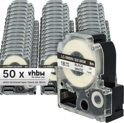 Produktbild von vhbw 50x Schriftband-Kassette kompatibel mit KingJim SR530, SR550, SR3900C, SR530C, SR3900P, SR40 Etiketten-Drucker 8m x 18mm Schwarz auf Weiß