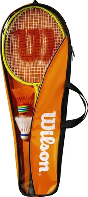 A badminton kit in an orange carrying case.