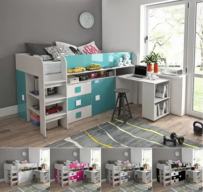 Produktbild von Hochbett Etagenbett mit Schreibtisch Regal und Schrank TELLY 1 hochglanz weiß rosa grau türkis schwarz