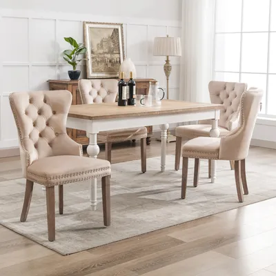 Produktbild von Flieks Esszimmerstuhl 4er Set, Küchenstuhl mit Massivholzbeinen und Zugring, Polsterstühle Essstuhl mit Samtbezug, Beige