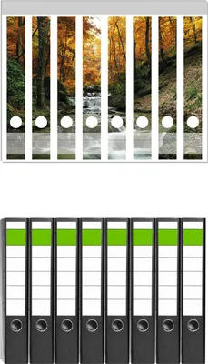 Produktbild von Wallario 8 Stück schmale Ordner inkl. Klebeetiketten mit Motive Kleiner Bach über Steine im Herbstwald -  Set mit Rückenschildern / Ordnerrücken Stickern