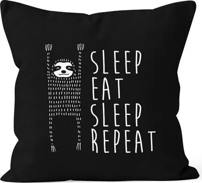 Produktbild von lustiger Kissenbezug Sleep eat Sleep Repeat Faultier 40x40 Baumwolle Moonworks® schwarz unisize