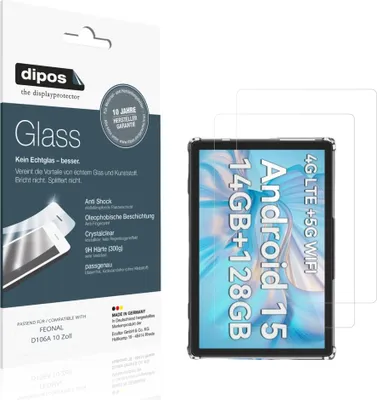 Produktbild von 2x Schutzfolie für FEONAL D106A 10 Zoll - Anti-Shock 9H Folie dipos Glass Kunststoffglas