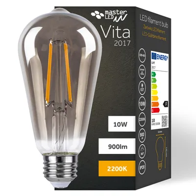 A product shot of an LED filament bulb and its packaging, showcasing specifications and branding.