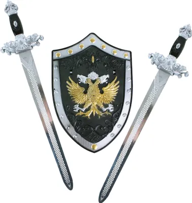 Produktbild von Verkleidung Zubehör Schild und Zwei Schwerter für tapfere Ritter - Ritterschwert Länge 49 cm