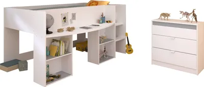 A white loft bed with a desk and shelves, and a separate chest of drawers.