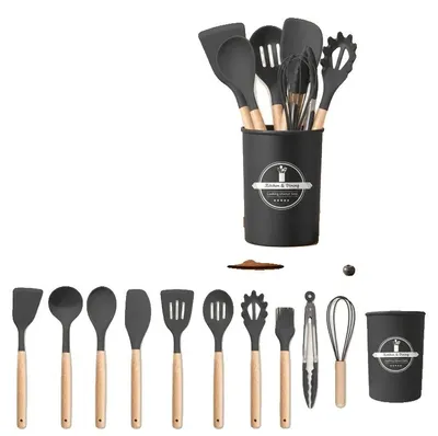 Image de Set d'ustensiles de cuisine en silicone, sans BPA, résistant à la chaleur jusqu'à 250 °C, lot de 12 pièces, compatible avec tous les types de casseroles, facile à nettoyer